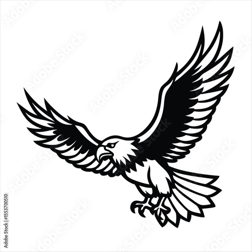Black and white illustration of a majestic eagle with wings spread wide, detailed hand-drawn bird of prey in flight

