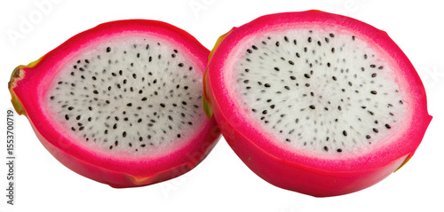 Two halves of a vibrant pink dragon fruit showing white flesh speckled with small black seeds.