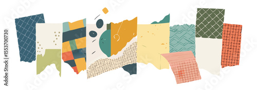 Textured paper cutout shapes in assorted colors and styles for abstract collage artwork, digital scrapbooking, and craft design.