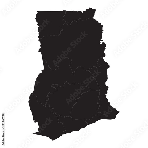 Detailed political and geographical map of Ghana with cities, regions, borders, rivers, and terrain