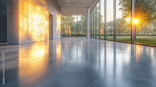 AI generator image of Spacious industrial interior with sunset reflections on the floor. Bright and spacious interior with large windows at sunset casting shadows on smooth floor, Sunlight streams