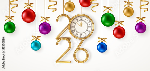 Merry Christmas and Happy New Year 2026 Banner, Xmas Tree Toys, Golden Baubles, Clock White Background. Vector illustration. Winter holiday template design, poster, flyer, pattern voucher