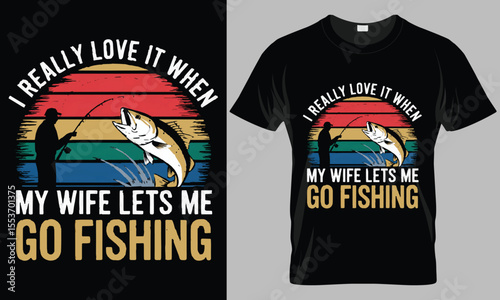 "Funny Fishing Husband T-Shirt – I Love It When My Wife Lets Me Go Fishing Quote with Retro Sunset & Jumping Fish"

