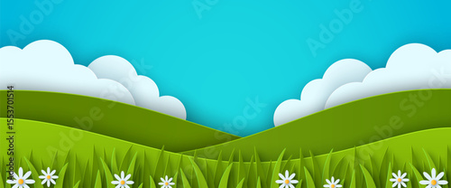 Beautiful summer landscape background. Fluffy clouds, blue sky, eco farmland. Green grass lawn farm field. Vector illustration. Paper cut countryside hills. Place for text. Rural agriculture scenery