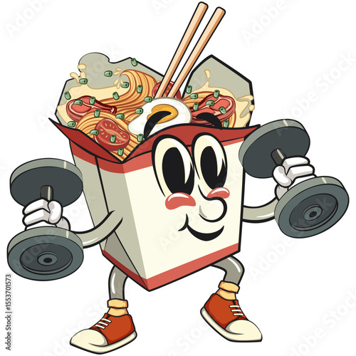 cute chinese noodles box mascot cartoon vector doing barbell lifting workout, kawaii ramen takeout character with chopsticks, isolated food illustration asian cuisine design, work of hand drawn
