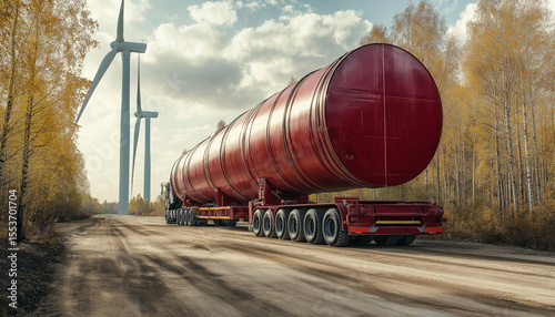 AI generator images of trucks used to transport goods on roads that are charged while driving on the road, using wind turbines to generate electricity, Electric vehicle