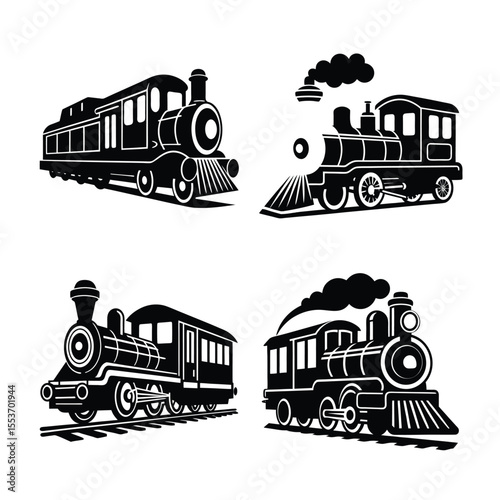 Set of Silhouette vector illustration of a trains, Vintage Black and White Vector