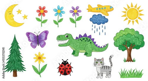 Colorful Cartoon Animals, Nature, and Weather Icons Perfect for Kids' Projects