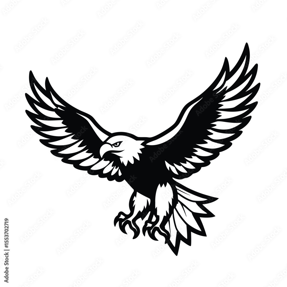 Obraz premium Black and white illustration of a majestic eagle with wings spread wide, detailed hand-drawn bird of prey in flight
