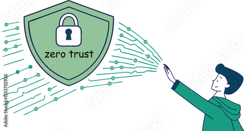 Man interacting with zero trust security shield concept illustration isolated on transparent background