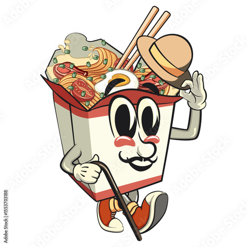 cute chinese noodles box mascot cartoon vector carrying a stick and saluting with raised hat, kawaii ramen takeout character with chopsticks, work of hand drawn