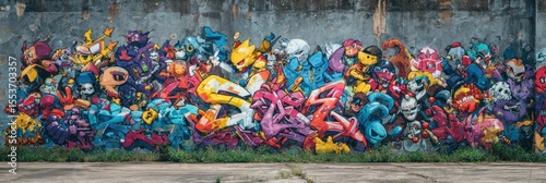 Vibrant Street Art Mural Depicting a Collection of Playful and Energetic Cartoon Characters on a