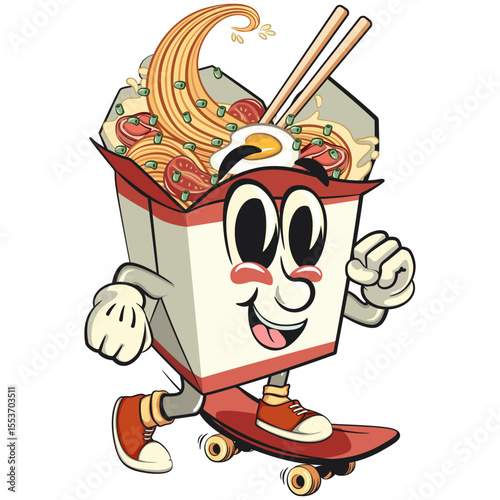 cute chinese noodles box mascot cartoon vector playing skateboard, kawaii ramen takeout character with chopsticks, isolated food illustration asian cuisine design, work of hand drawn