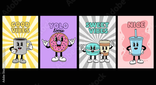 Retro Cartoon Food and Drink Characters Good Vibes, YOLO, Sweet Vibes, Nice