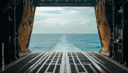 AI generator image of A view from inside the open cabin of a transport plane, showing another plane in close range. View from the cargo bay of a military aircraft, showcasing the empty interior 