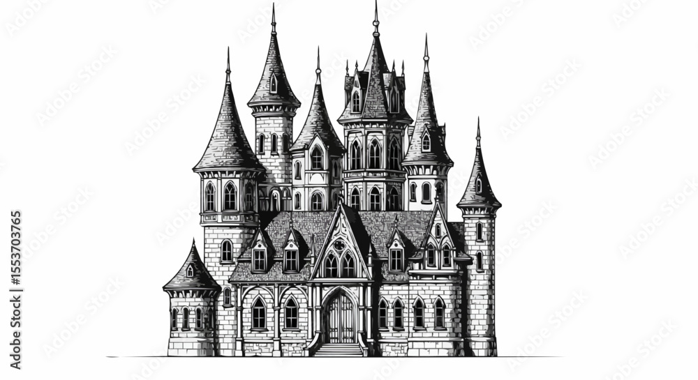 Obraz premium Black and white fantasy castle – detailed hand-drawn architectural illustration.