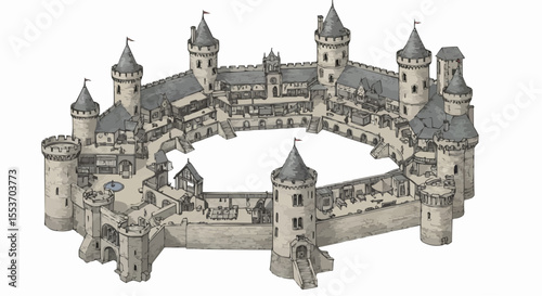 3D medieval castle illustration – isometric view of fantasy fortress design.