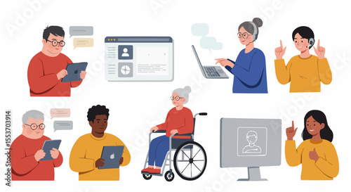 Caregiver helping elderly and disabled people – healthcare and accessibility concept illustration.