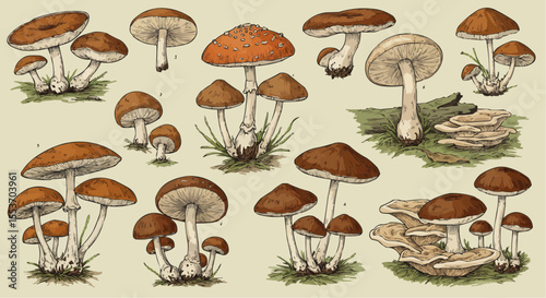 Vintage mushroom illustration set – detailed hand-drawn fungi for forest, nature, or botanical design.