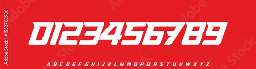 Futuristic Racing Number Font, Strong Bold Slanted Alphabet for automotive, soccer, sports car branding, race events, esports jersey numbers, or fast-paced digital interfaces. Vector Illustration.