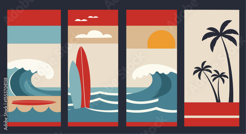Sunset beach with waves and surfboards – modern minimalist seaside illustration for travel themes.
