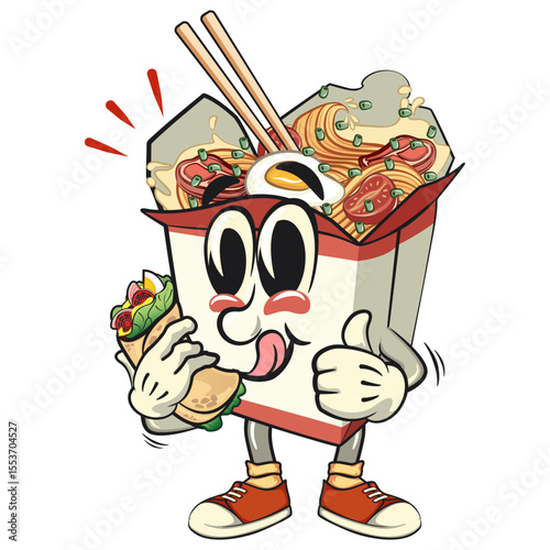 cute chinese noodles box mascot cartoon vector have a burritos while giving thumbs up, kawaii ramen takeout character with chopsticks, isolated food illustration asian cuisine, work of hand drawn
