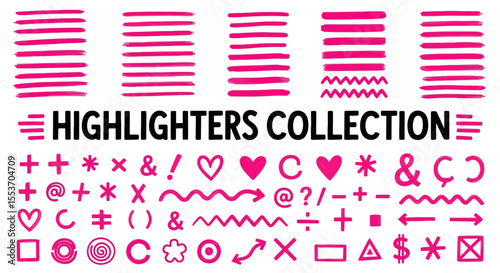 Vibrant Pink Highlighters Collection Hand-Drawn Lines, Symbols & Design Elements