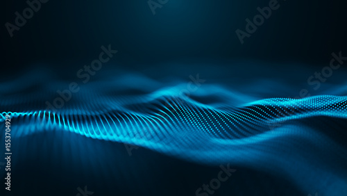 An abstract digital wave pattern that features illuminated blue dots against a dark backdrop, creating depth. Weave effect. 3D Abstract illustration.