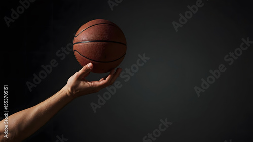 Minimalist Dynamic Shot of Hand Throwing Basketball on Dark Background with Sharp Focus and Dramatic Shadows