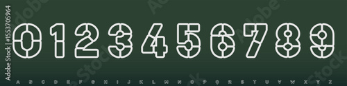 Segmented numeric font, outlined tactical numbers and letters, geometric sporty structure for jersey scoreboard use, dynamic impact, military-tech aesthetic, bold esports digits. Vector typeset