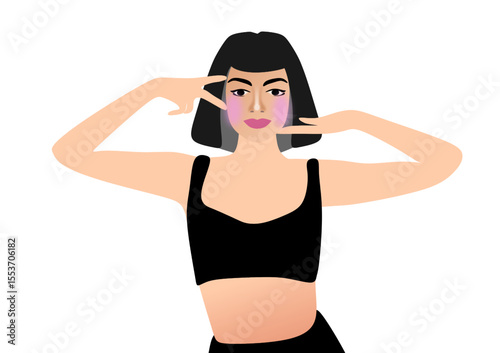 Young girl doing facial fitness, beauty treatments, facial massage, beauty routine, brunette with bob haircut, in short top