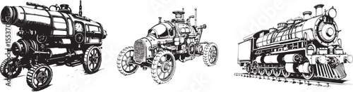 A set of steampunk-style vehicles. Hand drawn vector illustration