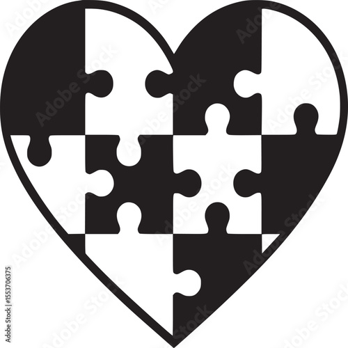 Heart puzzle pieces black and white love connection relationship concept graphic design illustration 100 on transparent background silhouette