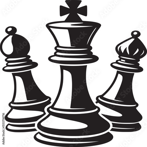 Black and white chess pieces king and bishops strategy game illustration graphic design vector image on transparent background silhouette