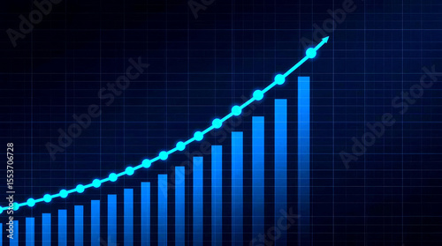 Widescreen Abstract financial graph with uptrend line and bar chart of stock market on blue color background, financial data or business growth. The image features a prominent blue line graph