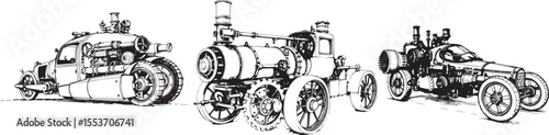 A set of steampunk-style vehicles. Hand drawn vector illustration