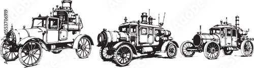 A set of steampunk-style vehicles. Hand drawn vector illustration