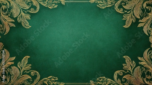 Elegant green background with ornate gold floral patterns framing a blank center area.