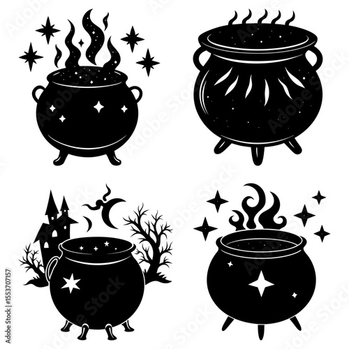 Collection of halloween themed cauldrons with stars, smoke, haunted house and moon in black and white