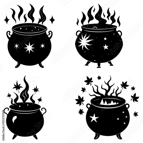 Four cauldrons with mystical elements in black and white vector illustration for halloween designs