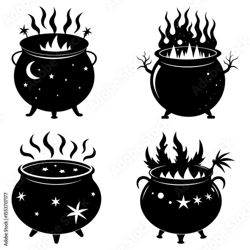 Four halloween witch cauldrons with boiling potion and mystical decorations in black and white style