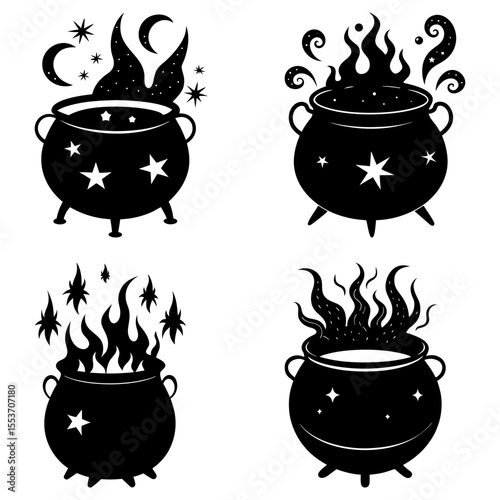 Collection of four black cauldrons with various magical elements boiling inside and around them