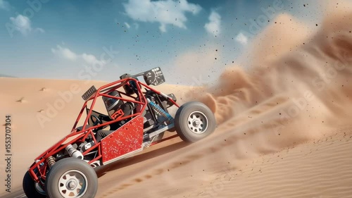 Red dune buggy kicking up a huge cloud of sand while racing across desert terrain under a bright blue sky, capturing speed, adventure, and off-road excitement.