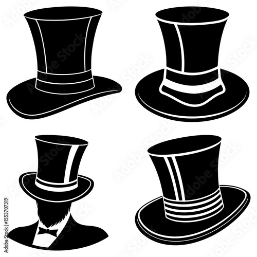 Illustration showing a collection of four different black top hats with varying designs and styles shown