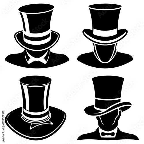 Four stylized black and white illustrations of figures wearing top hats and formal attire displayed