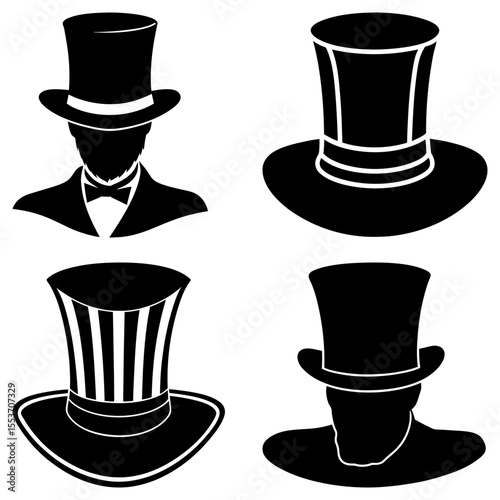 Illustration of four different top hats in black and white with varying styles and designs shown here