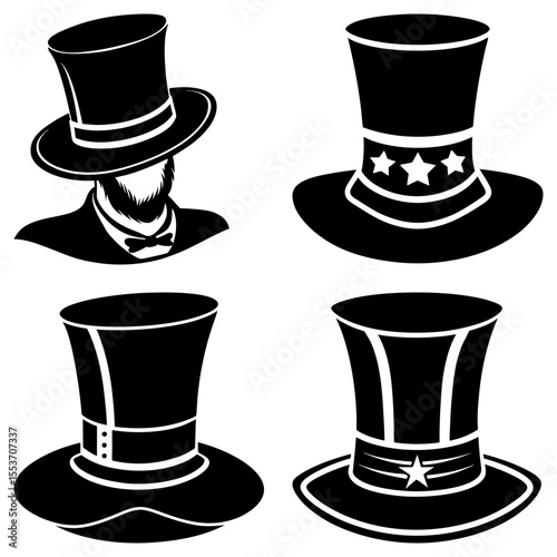 Illustration of four black top hats with different designs and one with a man wearing it too