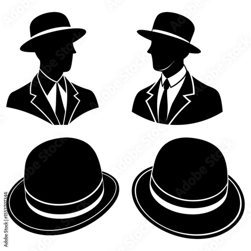 Illustrations of men in suits and hats and bowler hats in black and white vector format design image