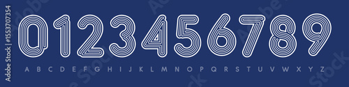 Outline rounded numbers, stripes font, modern linear alphabet, retro logo typeface, geometric contour numbers, for football team branding, sport jersey, headline and logo. Vector typeset.