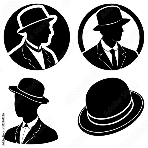 Silhouetted men wearing hats and suits in a vintage style with circular and isolated hat images